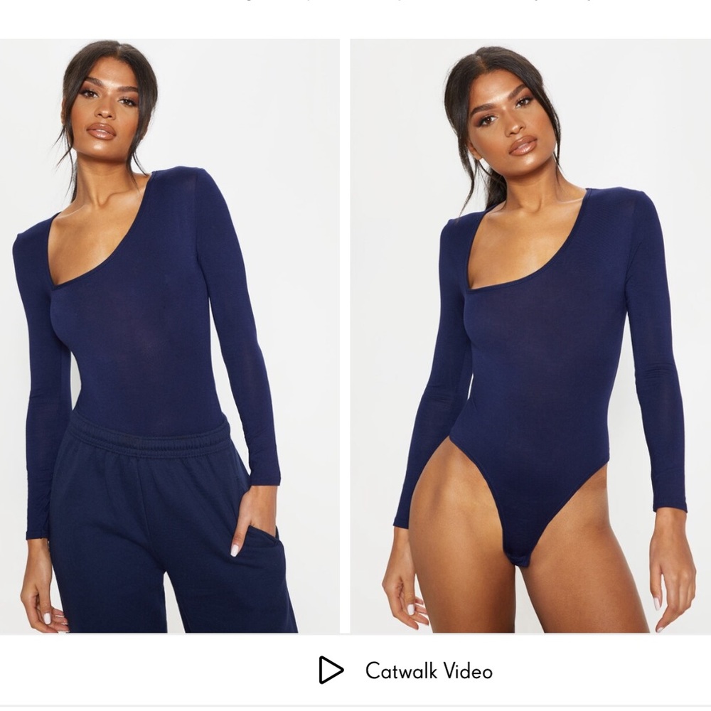 Prettylittlething dark blue asymmetric thong bodysuit size 6 us NWOT